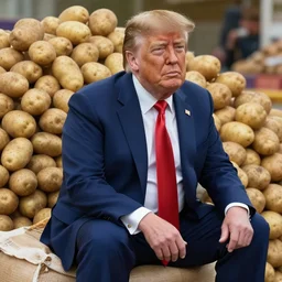 a closeup photorealistic photograph of Donald Trump sitting on a large sack of russet potatoes daytime. This 4K HD image is Trending on Artstation, featured on Behance, well-rendered, extra crisp, features intricate detail and the style of Unreal Engine.