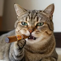 dslr photograph of a cat holding cigar
