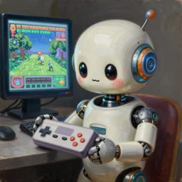 an elaborate cute robot holding a retro game controller in its hand, computer screen in background shows video game, intricate details, hyperrealistic oil painting on canvas, deep depth field, hd, hdr, 4 k, 8 k, by gerardo dottori, oil on canvas