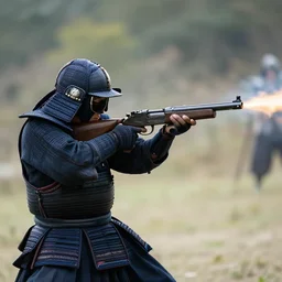 a samurai firing a machine gun