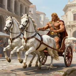 a highly detailed matte painting of a muscular hercules in a chariot, pulled by white horses, on a roman street, in the style of greg rutkowski and hans zatzka, digital art, sharp focus, highly realistic, octane render