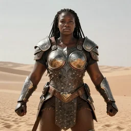 a large powerful woman wearing breastplate, heavy looking, powerful scene, imposing presence, by greg staples and boris vallejo, hyperdetailed, realistic, dark skin, desert lands, sharp focus, soft lighting, centered