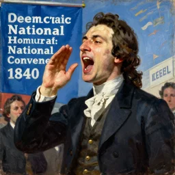 shouting at the democratic national convention, 1840. Oil on canvas portrait by Bertrand Levenson. Vivid, trending on Artstation