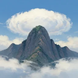 Mountain, cloud ring at the tip, large, beautiful painting, digital art, illustration