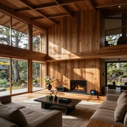 luxurious wooden cottage, modern Japanese living room, Japanese flower arrangements, high-tech devices, traditional fireplace, architecture photography