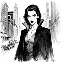 vampire woman lawyer from nyc, character portrait, ink drawing, black and white, concept art by tim bradstreet