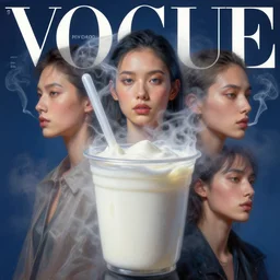 3 d, close - up, ice milk, smoking fashion model, light fog, plastic, vogue style, poster art, high detail, intricate oil painting, multiple exposure, deep blue mood, hyperrealism, 3 d, by tooth wu and wlop and beeple and greg rutkowski