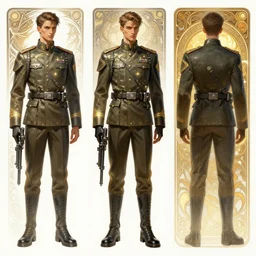 a digital concept ar by artgerm and greg rutkowski and alphonse mucha. three - view drawing full body!! t pose!! clear portrait of a lonely attractive man in uniform!! future military, sci - fi weapon, light effect. hyper detailed, character concept, glowing lights!! intricate, elegant, digital painting, artstation, smooth, sharp focus