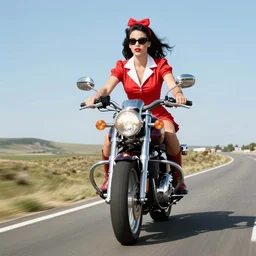 a pin up riding a touring motorcycle at high speed, front view, by milo manara