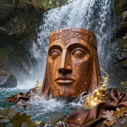 wooden sculpture of a druid face, etched with Celtic symbols, eyes open, at a majestic forest waterfall + cascading water + fluid dynamics + particle physics, rocks, flowers, oak leaves, brown silk, glowing gold and silver embers, song of the sea inspired, Rasterized render, cgi, 3d, hyper-detailed, ultra-realistic, photo-bash, 8k post-production, masterpiece