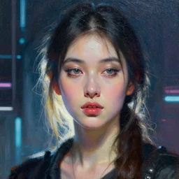 macro portrait of a synthwave style female, backlighting, futuristic, painting by bouguereau artgerm