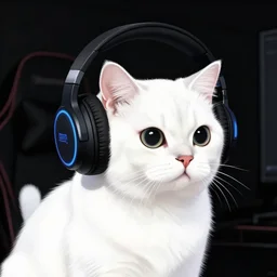 digital drawing of a white cat with cat gaming headphones, cyberpunk color palette, low contrast