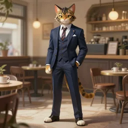 full body photograph of a male anthropomorphic balinese cat fursona wearing a nice suit in a coffee shop, deep focus, intricate, elegant, highly detailed, digital painting, artstation, concept art, matte, sharp focus, illustration, d & d, fantasy, hearthstone, art by artgerm and greg rutkowski and alphonse mucha