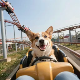 selfie of an excited happy dog riding a roller coaster, wide angle, highly detailed realistic