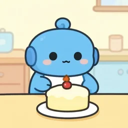 short cartoon strip, blue cute robot bakes a cake