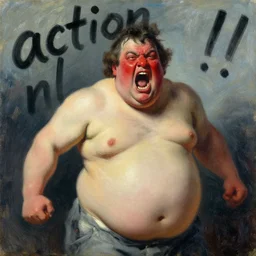 bloated red faced sam hyde, screaming, painting by phil hale, fransico goya,'action lines '!!!, graphic style, visible brushstrokes, motion blur, blurry