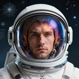 retrofuturistic portrait of a man with in astronaut helmet, smooth transparent visor, reflective gradient with a explosion in the reflection, detailed space graphics in background, close up, quint buchholz, wlop, dan mumford, artgerm, liam brazier, peter mohrbacher, raw, featured on artstation, octane render, cinematic, elegant, intricate, 8 k