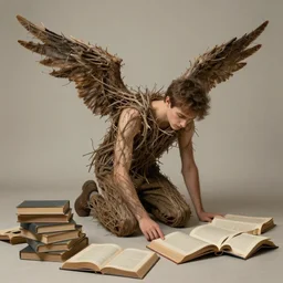 a young man with wings made from twigs kneeling down on the floor, looking at on a pile of open books, fantasy painting