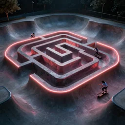 surreal cool skatepark maze concept neon lights greg rutkowski octane render detailed hd