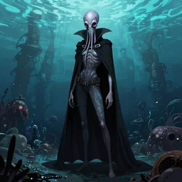 concept art character with a vampire squid head and cape that is tall and thin that lives in an ocean setting in the apocalypse created by Dana terrace for a comic book with chromatic aberration and design influences from fret nice the video game