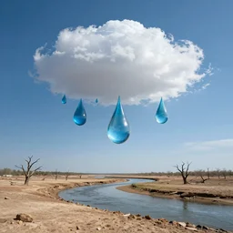 beautiful panorama of many magnificent big upside-down raindrops in a perfect cloudless blue sky above a dried up river, desolate land, dead trees, blue sky, hot and sunny highly-detailed, elegant, dramatic lighting, artstation, 4k, cinematic landscape, masterpiece photograph by Elisabeth Gadd, National Geographic