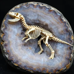 dinosaur skeleton escapes from a beautiful geode