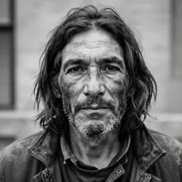 photo by lee jeffries, black and white, old man, long hair, dirty, homeless, face shot, facing the camera