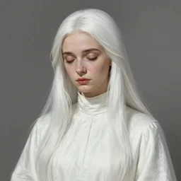 benevolent lady, closed eyes, graceful, white gown, high collar, kindness, sadness, long white hair, straight hair, long shot, highly detailed, digital painting, artstation, concept art, sharp focus, illustration, 1 2 3 4, art mark brooks and luis royo