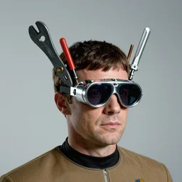 geordi la forge on the starship enterprise wearing chrome googie visor and hardware tools on his head, mid - century modern, single image, photograph