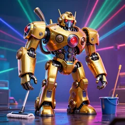 portrait photo of a giant huge golden and blue metal steampunk robot with gears and tubes, robot is a vaccuumcleaner, on the wet floor are mop and bucket, eyes are glowing red lightbulbs, shiny crisp finish, 3 d render, 8 k, insaneley detailed, fluorescent colors, background is multicolored lasershow