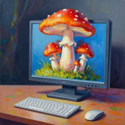 Stunning colorful John Berkey painting of a computer made of mushrooms by Craig Mullins