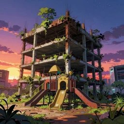 a beautiful detailed anime illustration of playground unfinished building building urbex nature architecture by edward hopper, retrowave cosmic reclaimed by nature bladerunner 2 0 4 9 cyberpunk futuristic universe fisheye sunset, archdaily, wallpaper, highly detailed, trending on artstation.