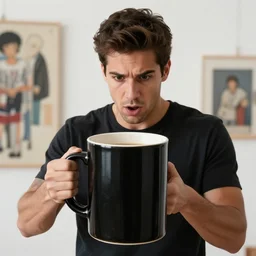 portrait of a ( ( ( black oversizeceramic mug of coffee ) ) ), an aroused young handsome spanish man looking into the mug, 3 d photorealistic, parts by beksinski, parts by goro fujita, parts by yue minjun, by filip hodas