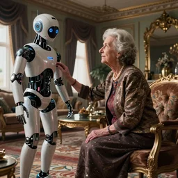VFX movie of old woman helping a futuristic assistant robot in a decadent living room by Emmanuel Lubezki