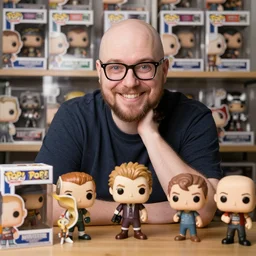 a happy nerdy balding guy playing with his collection of funko pop, realistic