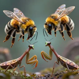 Bumblebees going to war again praying mantises,  realistic 4k octane beautifully detailed render, 4k post-processing, highly detailed, intricate complexity, epic composition, magical atmosphere, cinematic lighting, masterpiece, ultra hd