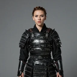 portrait of young scarlet johansson in black samurai armoury, by jan van eyck