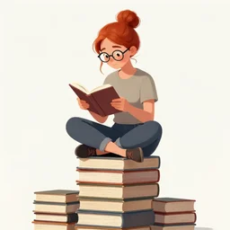 a young woman with red hair in a bun and glasses sits cross legged on top of a tall pile of books. she is reading. clean pretty cartoon painting, beautiful detailed face.