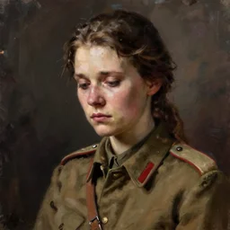 a sad female soviet soldier, art by Sandra Chevrier