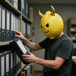 a man with a lemon head and devil horns sorts an archive, realistic photograph, dark