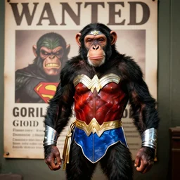 a Chimpanzee dressed as Wonder Woman stands in front of a wanted poster for Super villain Gorilla Grodd, photographed in the style of Annie Leibovitz, photorealistic