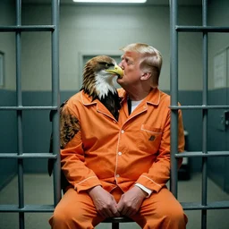 Medium Shot Donald Trumps wearing orange pajamas kissing an eagle while sitting in a jail cell in solitary confinement in a maximum security prison, octane, dramatic lighting, editorial photo, 35mm, very detailed