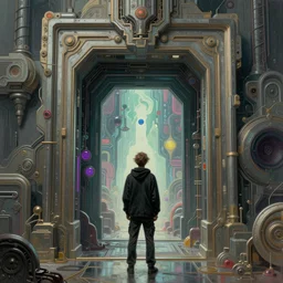 a person standing in front of a portal, cyberpunk, epic surrealism, detailed digital matte painting in the style of simon stalenhag and bev dolittle zdzislaw beksinski, greg hildebrandt artstation, psychedelic