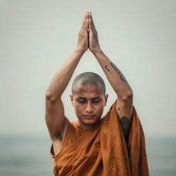 an android monk praying with hands above head, monk robe and tattoos, octane render, unreal engine, 8 k, cinematic, artwork by ilya kuvshinov