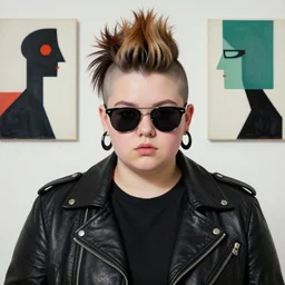 a chubby young goth girl an asymmetrical ombre mohawk wearing a leather jacket, euro sunglasses, and a black tshirt. high key, anaglyph lighting, melancholic complex flat geometric minimalism by oskar schlemmer, moebius, john berkey, oil on canvas, portrait facial head, featured on artstation, hd wallpaper, anime art nouveau cosmic display