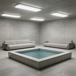 upholstered sofas fluorescent ceiling lighting rectangular water feature in a large minimalistic concrete room, a tilt shift photo by leandro erlich, featured on cg society, kitsch movement, hall of mirrors, high dynamic range, studio portrait
