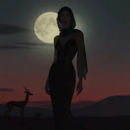 lush celestial twilight portrait in mysterious femininity, ethnic, clear eyes, statuesque, gazelle - like, femme fatale, dark gown and scarf, svelte fashion design, silhouette, subtle highlights, bathed in moonlight, chiaroscuro, linear, deep rich hues, vintage mid century illustration
