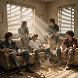 gang members chilling around dirty couch in a beige room thick volumetric dust god rays shines through cheap blinds kinda atmosphere jonathan zawada style photography