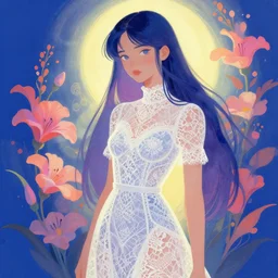 girl in a lace dress in solarpunk atlantis. complementary colors, gouache, indie concept art, bloom, chiaroscuro, backlighting, intricate details.