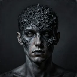 dramatic matte portrait painting of man with black mandelbrot fractal instead of face, horror, body horror, dark art, 4 k, detailed,